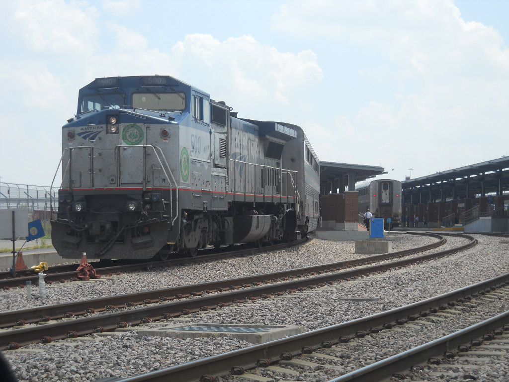 AMTK 500  29Aug2010  BioDiesel Just Arrived NB end of SB Trn #821 (Heartland Flyer) in the station (ITC)